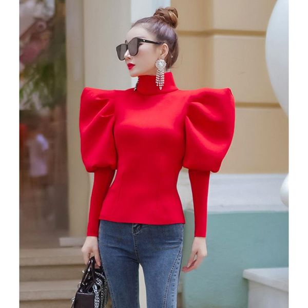 

temperament high collar 2020 new autumn / winter women's slim long sleeve bubble sleeve top, White