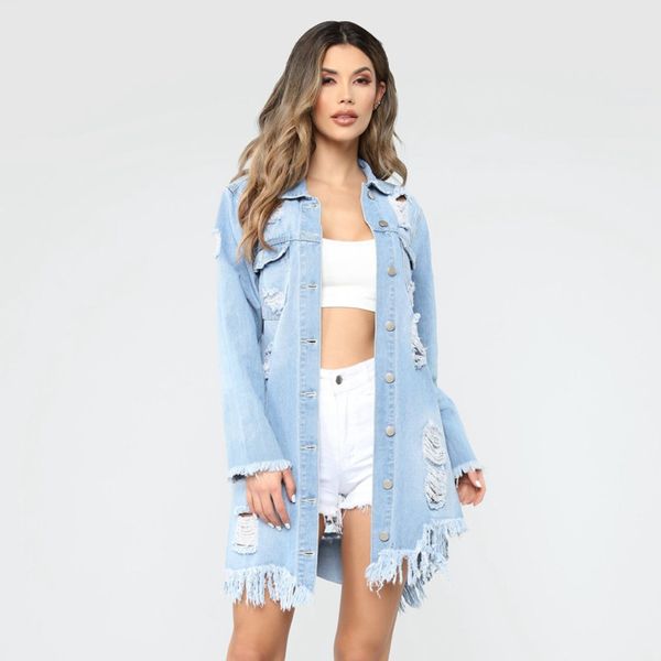 

women casaco autumn hole tassel female streetwear jeans coat loose jacket long outerwear 2020 fashion demin feminino fpdch