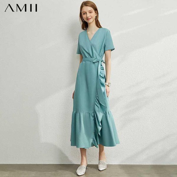 

amii minimalism spring summer vintage solid ruffles women dress causal lady high waist loose ruffles hem female dress 120301251, Black;gray
