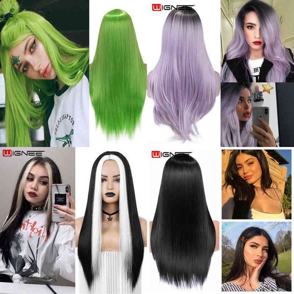 

hair wignee long straight synthetic for women blonde natural middle part heat resistant fibernatural daily 220301, Black;brown
