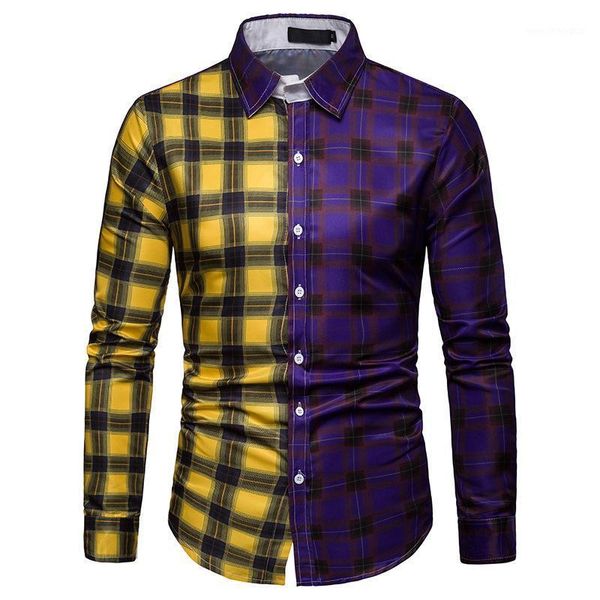 

men's casual shirts 2021 spring and autumn color plaid print stitching slim foreign trade men's business shirt1, White;black
