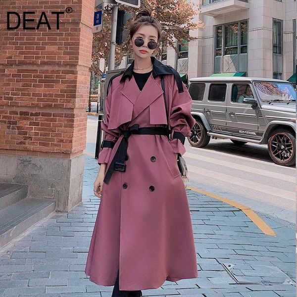 

women's trench coats [deat] 2021 autumn fashion coat casual solid thick over long full sleeve lapel collar elegant with belt tx178, Tan;black