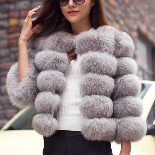 

thick warm fur coat women round neck winter natural fur jacket elegant outerwear fashion silm coat jacket women, Black