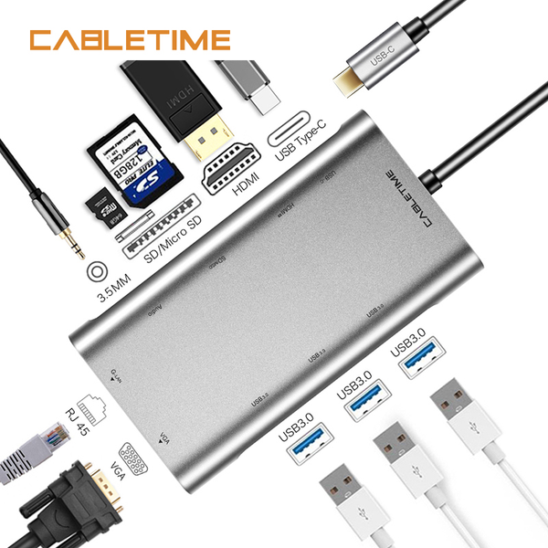 

cabletime usb hub rj45 card reader hdmi 10 в 1 hub 3,5 мм тип c usb 3.0 с адаптером питания sd для ноутбуков n231