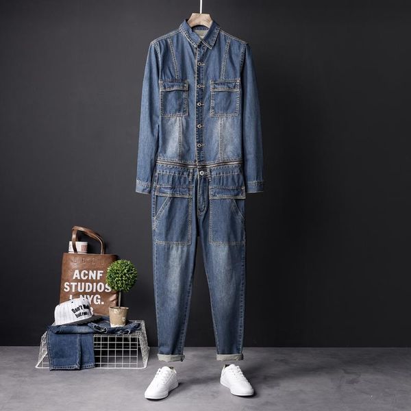 

new autumn trend men's denim jumpsuits slim fit korean youth small leg jeans retro work jumpsuits singer costumes jeans, Blue