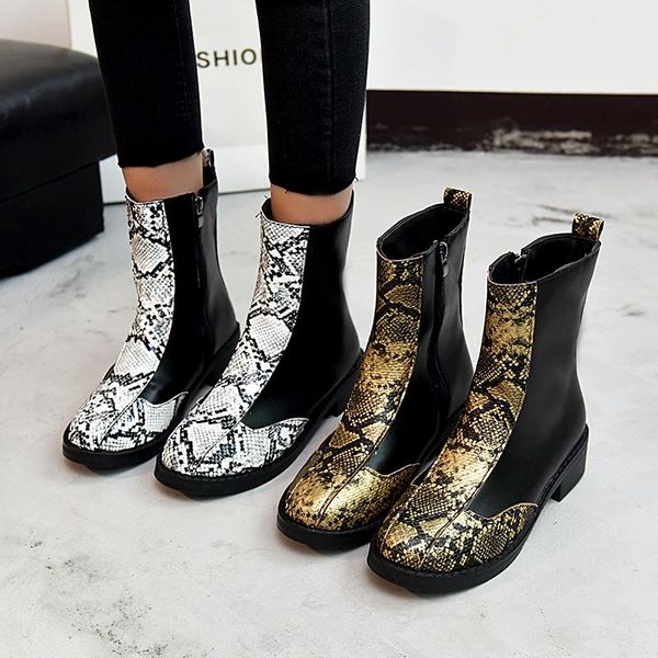 

plus size 35-43 snake skin pattern women boots low heels casual shoes patchwork ankle boots 2020 new fashion botas mujer 8763n, Black