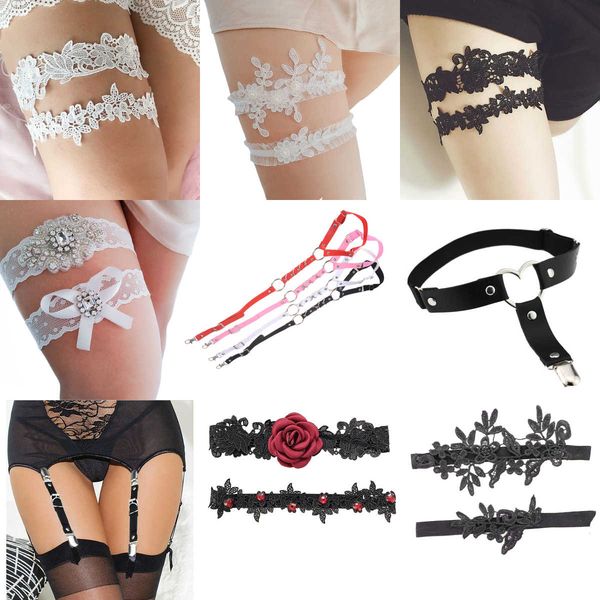 

white rhinestone wedding garters lace embroidery floral garters for women/bride thigh ring bridal leg garter for women, Black;white