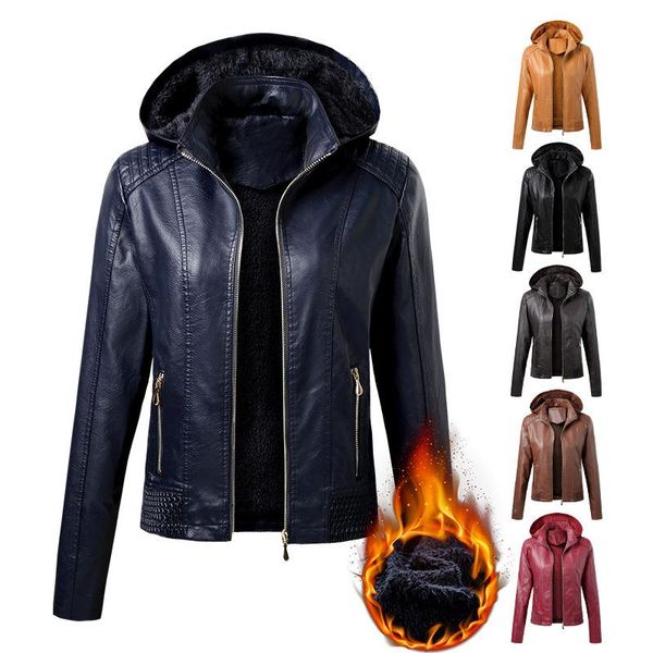 

women's leather & faux 2021 arrival winter pu jacket hooded collar windbreaker female wool liner keep warm autumn coat women, Black