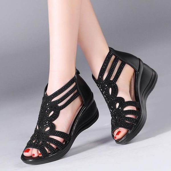 

sandals hollow out comfortable wedged nice summer women large size 61 female genuine leather peep toe cowhide diamond shoes, Black