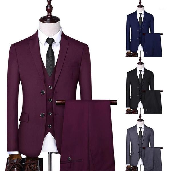 

men solid color lapel collar coat vest long pants business wedding slim suit set1, White;black