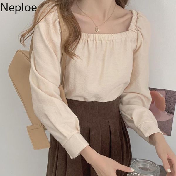 

neploe vintage square collar blouse blusas mujer de moda 2020 sleeve solid blouses temperament shirt women 4g498, White