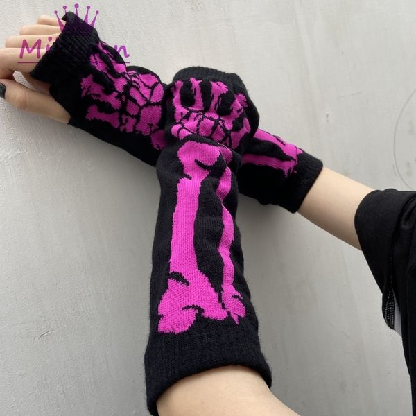 

harajuku punk style black skull half finger long glove women knit length sleeve retro gothic fingerless gloves streetwear, Blue;gray