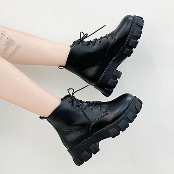

women platform ankle boots woman leather cool mid heels 2021 ladies motorcycle short boots women's lace up footwear female shoes, Black