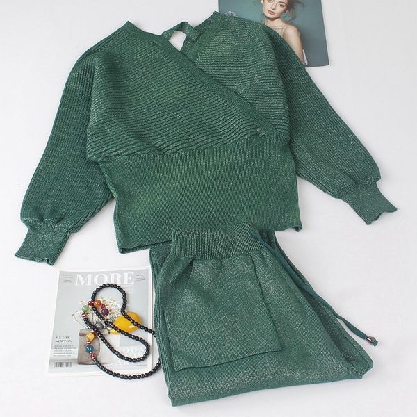 

2021 new sweater and set casual knitted sweaters pants 2pcs track suits women trousers+jumpers sets with pocket aqmu, White