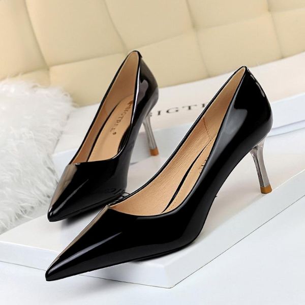 

dress shoes bigtree woman pumps fashion 5cm thin high heeled leather shallow mouth pointed toe women's, Black