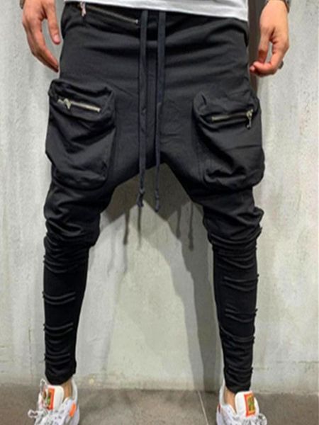 

men's pants men cotton multi pocket zipper casual cargo jogging party, Black