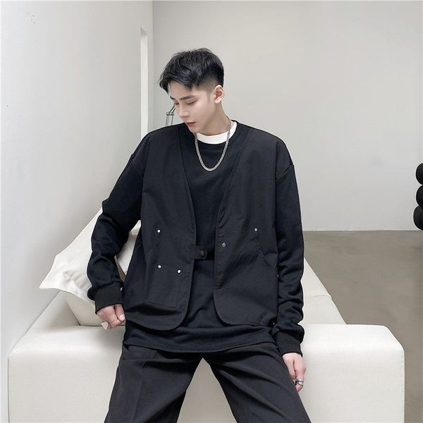 

2021 new autumn and winter hoodies in the black male fashion of two loose pieces sweater street style hip-hop seam n8bl