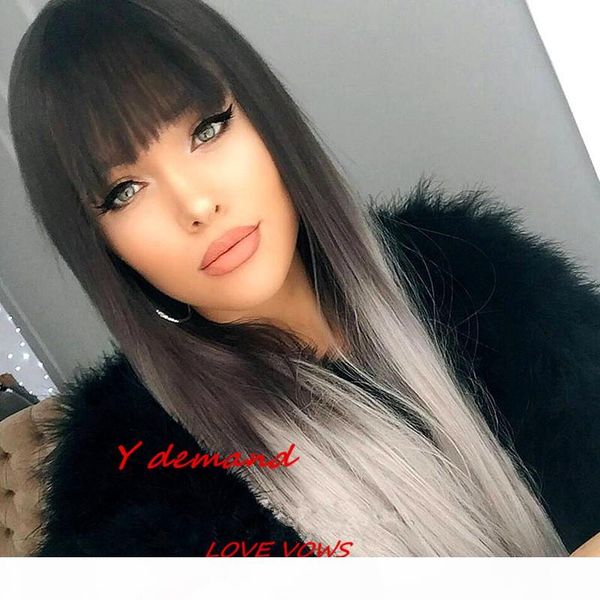 

synthetic wigs long ombre grey pink hair wig for women with bang 2018 bob straight wig y demand new ing, Black