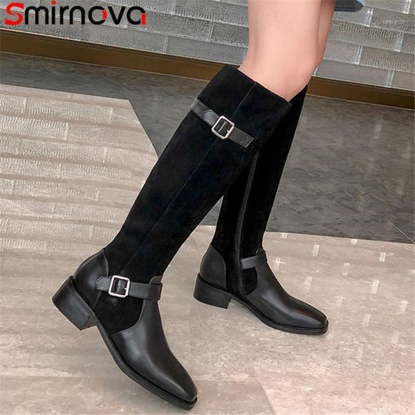 

smirnova big size 34-42 new genuine leather boots women zip knee high boots square toe med heels autumn winter riding1, Black