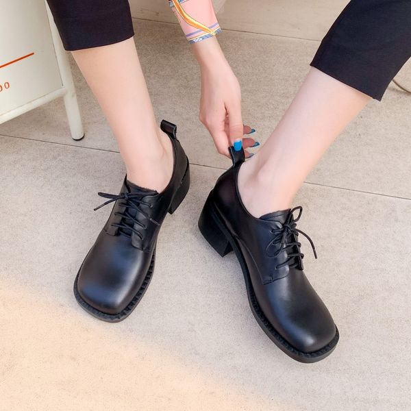 

2020 leather genuine vintage cross strapped for the women summer chunky fall pumps lady office basic woman shoes 7wch, Black