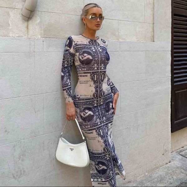 

temperament women clothing autumn and winter long sleeve round neck fashion printed flower fork long dress, Black;gray