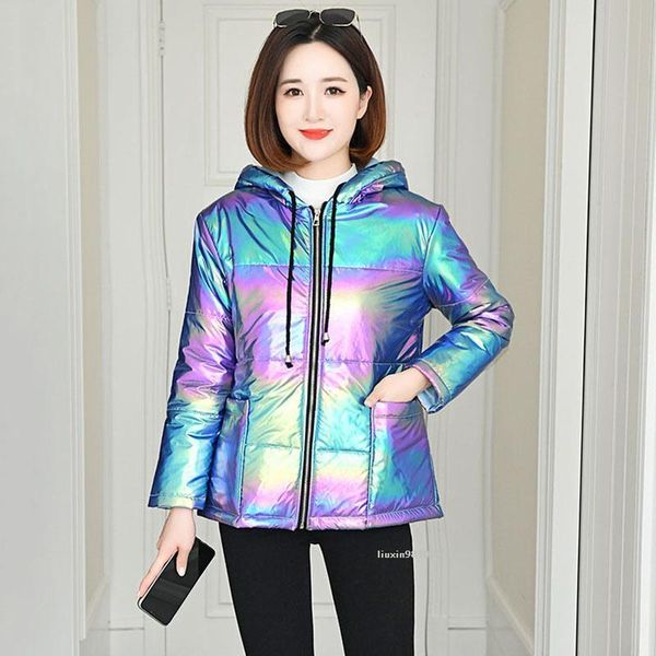

5xl plus size women rainbow glossy down cotton parkas winter jacket women hooded zipper pockets female waterproof coat 2020 new, Black