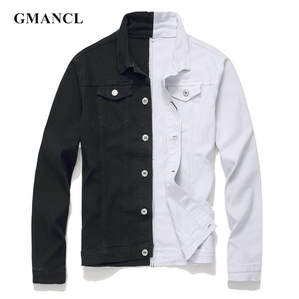 

men streetwear black white two-tone patchwork slim fit jean jackets motorcycle man hip hop cotton casual denim jackets coats 1027, Black;brown