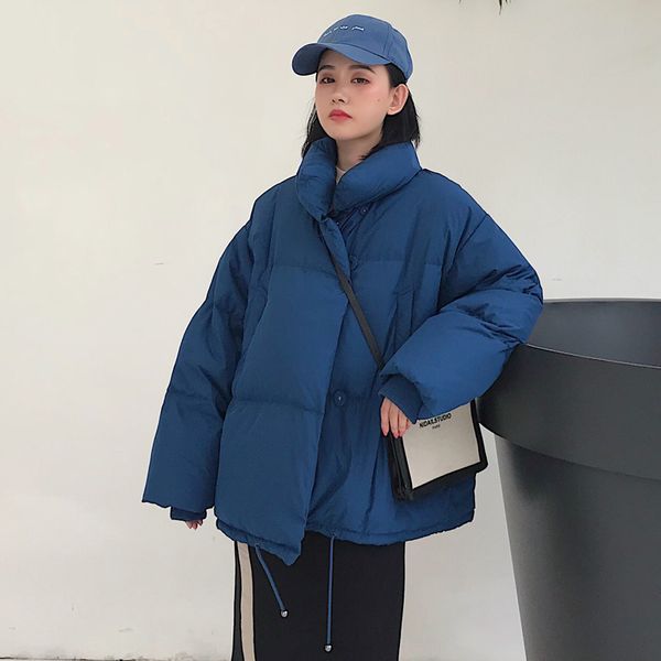 

korean style winter jacket women stand collar solid black white female down coat loose oversized womens short parka 201103