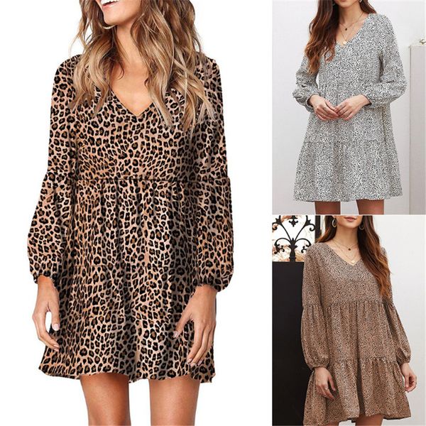 

2021 new autumn and winter new leopard long sleeve printed cleavage v puff at knee height droopy skirt loose dressed mpv2, Black;gray
