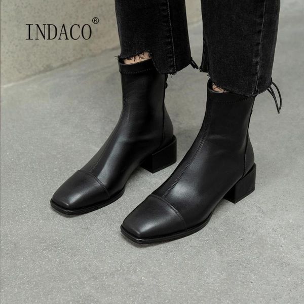 

женщины boots winter площадь toe черного boots женщина узелок кожа лоскутный бот feminina, Black