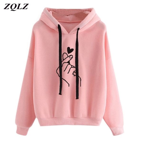 

zqlz autumn hoodies women heart print hooded pullover long sleeve plus size sweatshirt casual loose cotton hoodies female y200915, Black