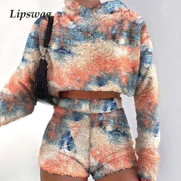 

женская 2-piece outfit set cozy crop краситель спорт фитнес набор овечьей шерсти tie длинным рукавом толстовки пуловер короткие высокой тали, Gray