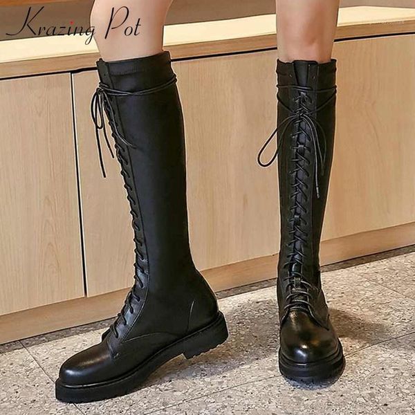 

boots krazing pot leisure style thick bottom cow leather lace up fashion round toe keep warm women thigh high l121, Black