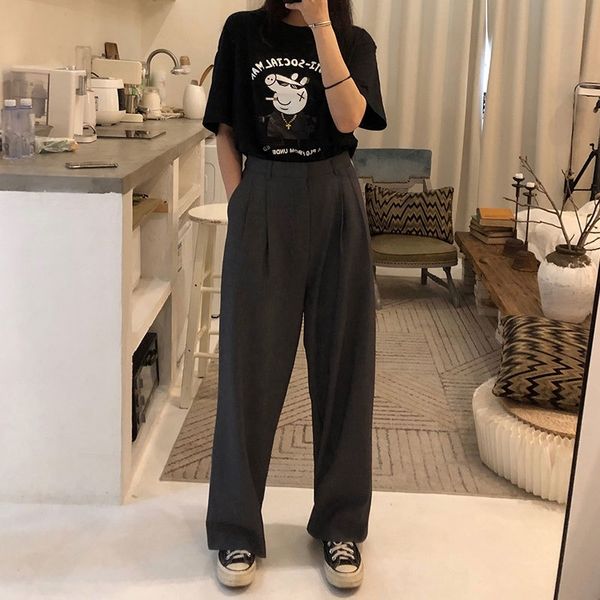 

s-l 2 colors casual straight suit pants women high waist pant office lady wide leg long trousers womens (x580) y200418, Black;white