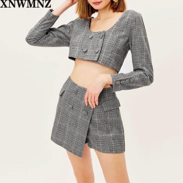

xnwmnz women fashion wool blend plaid skort vintage asymmetrical hem pocket button zipper lined with shorts female chic skirts1, Black