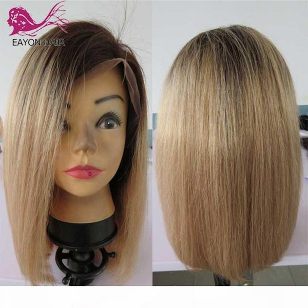 

eayon #27 ombre honey blonde 1b 27 short bob lace front human hair wigs 130% brazilian 4*4 lace closure wig pre plucked, Black;brown
