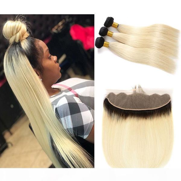 

1b 613 dark roots blonde bundles with frontal 13x4 ear to ear natural hairline straight cuticle aligned brazilian human hair weave extension, Black;brown