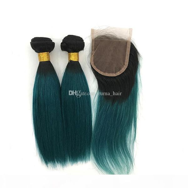 

tone two human hair green ombre straight hair with lace closure dark root 1b green hair weaves with lace closure 4*4 bleached knots, Black;brown