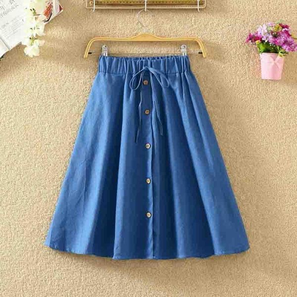 

fashion women skirt vintage retro high waist pleated midi skirt denim single breasted skirt clothing, Black