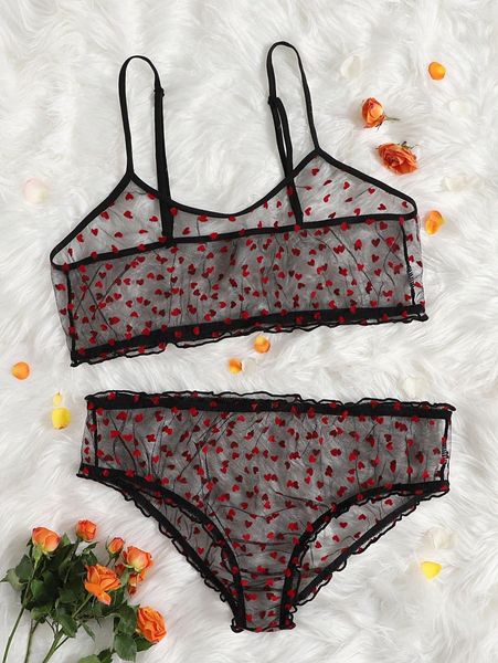 

plus heart pattern sheer mesh lingerie set w9jr#, Black;white