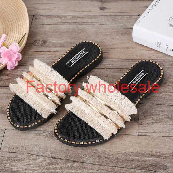 

woman slippers summer female casual beach shoes outdoor lady comfortable flats shoes fashion tassel the word drag female qq110, Black