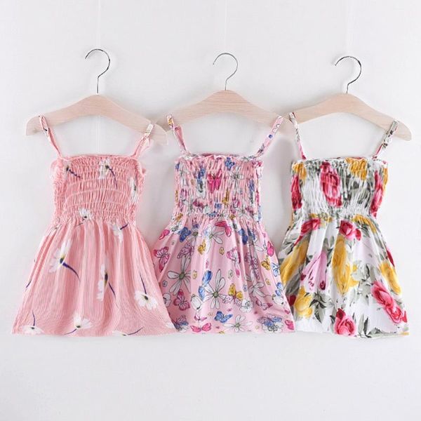 

new summer kids girl dresses sleeveless vestidos a-line floral print cotton children clothes strap baby girl princess dress 1-5y, Red;yellow