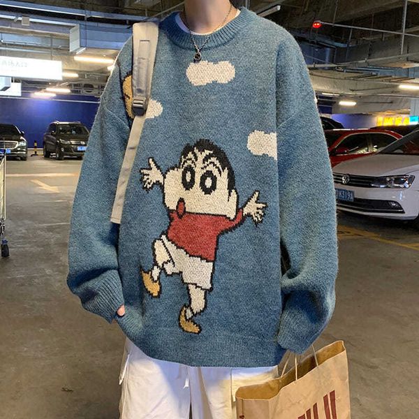 

2021 new male autumn and winter sweater print cartoon around neck loose thread coat qjln, White;black