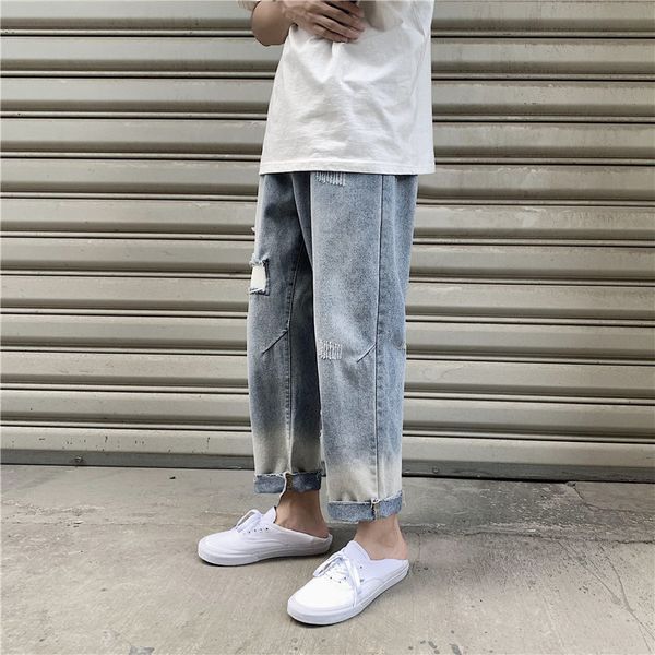

2021 men's brem spring and new lean winter torn nine stitches homeless pants jeans go clothes jysj, Blue
