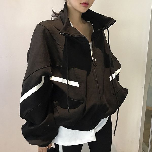 

[ewq] spring new full sleeve stand collor plus size women red sweatshirt korea loose outerwear casual track clothing qz228 201127, Black