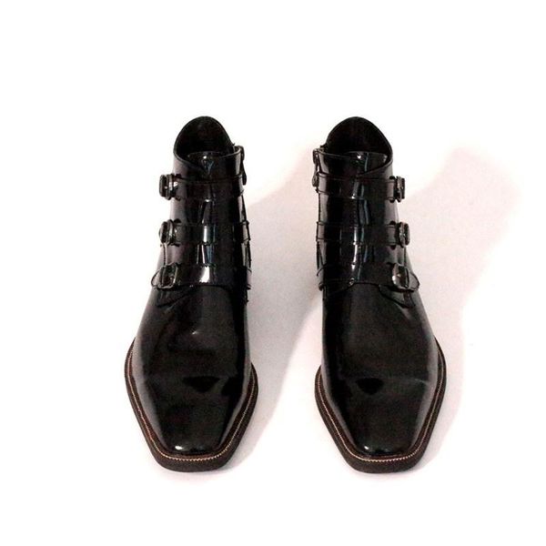 

italy handmade runway mens painting ankle boots buckle formal office work safety shoes luxury genuine leather square toes boots, Black