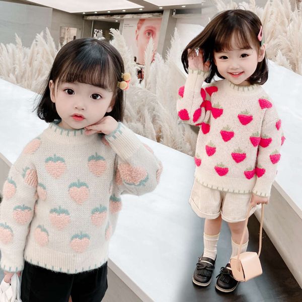 

2020 new korean children's autumn strawberry crochet sweater girls' sweet round neck knitted top, Blue