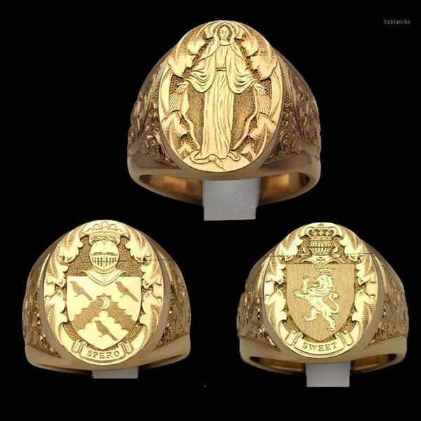 

cluster rings punk hand carved for men gold color armor lion crown signet ring personality gifts jewelry 40m9041, Golden;silver