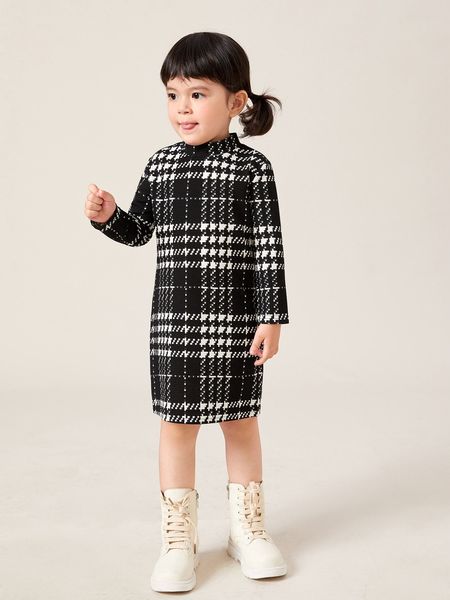 

toddler girls houndstooth print stand neck dress she, Red;yellow