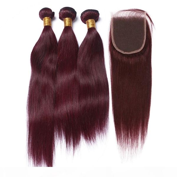 

wine red indian human hair weave wefts with clsoure silky straight #99j burgundy human hair 3bundles with 4x4 front lace closure 4pcs lot, Black